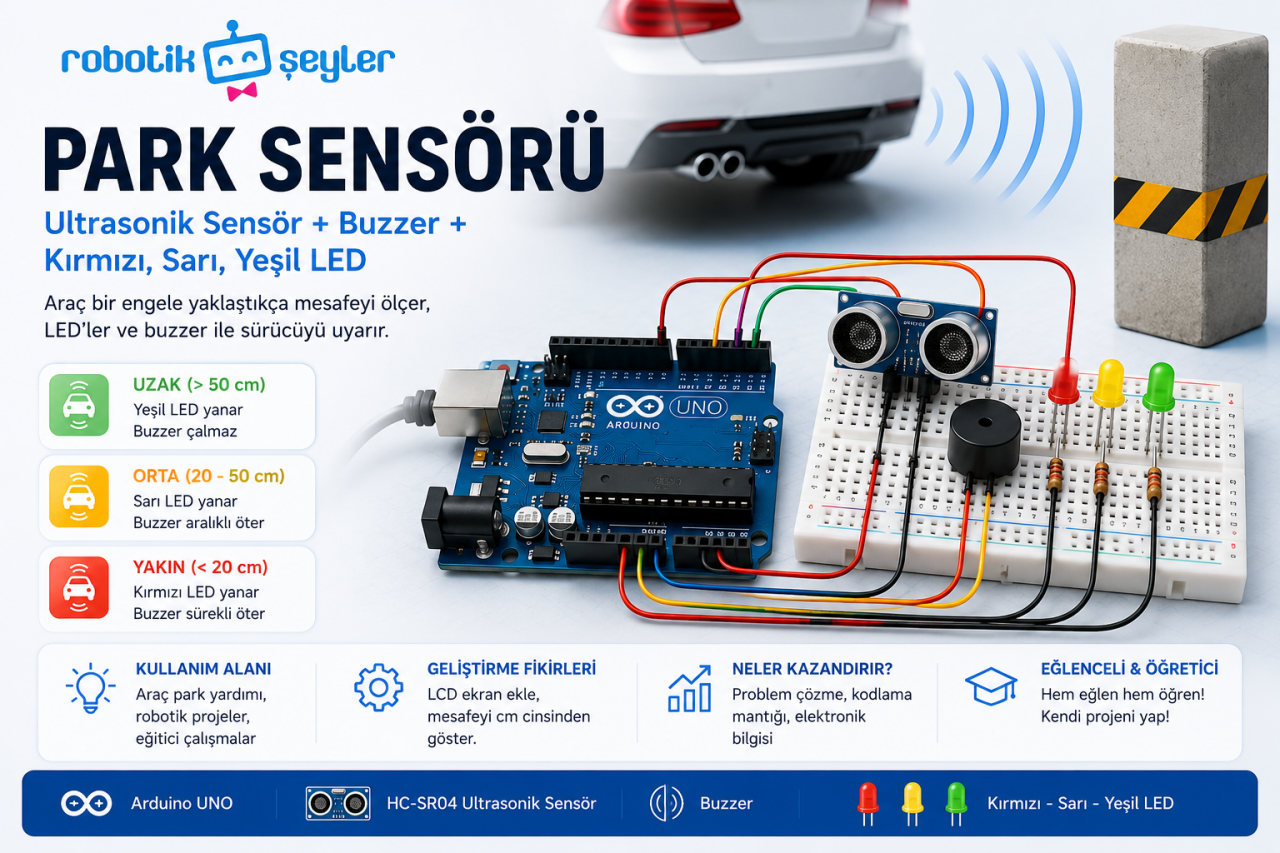 Arduino ile Park Sensörü Yapımı (Ultrasonik Sensör + LED + Buzzer)