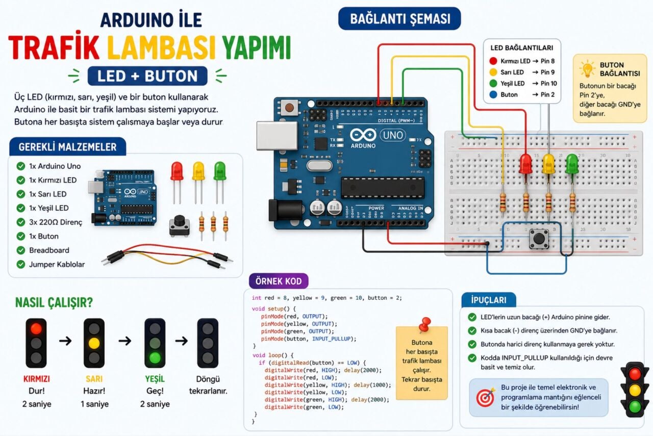 Arduino ile Trafik Lambası Yapımı (LED + Buton)